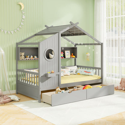 Cama con diseño de casa tamaño Twin con 2 cajones de almacenamiento y barandales de seguridad-Gris