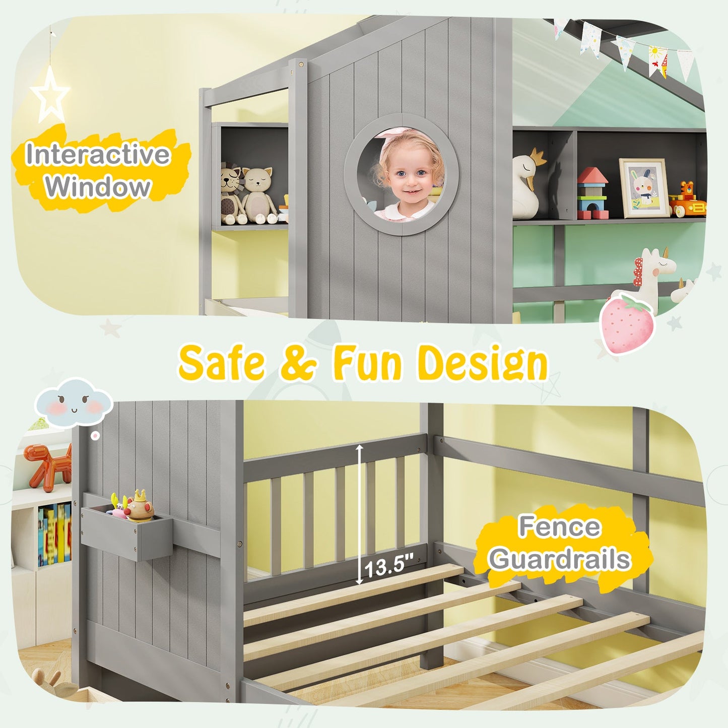 Cama con diseño de casa tamaño Twin con 2 cajones de almacenamiento y barandales de seguridad-Gris