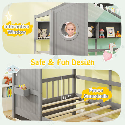 Cama con diseño de casa tamaño Twin con 2 cajones de almacenamiento y barandales de seguridad-Gris