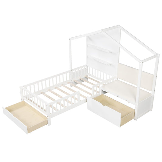 Twin Size House Bed Kids Platform Bed with Padded Bench-White - Tampa Home & Garden Store