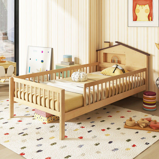 Twin Size Kids Montessori Bed with House-Shaped Headboard and Built-in Storage Shelf-Natural - Tampa Home & Garden Store