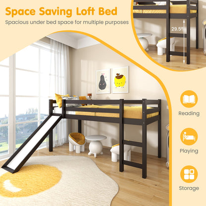 Twin Size Low Sturdy Loft Bed with Slide Wood-Dark Brown