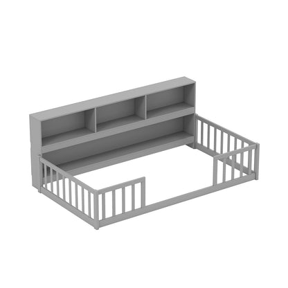 Cama de piso Montessori tamaño doble con estante para libros-Gris