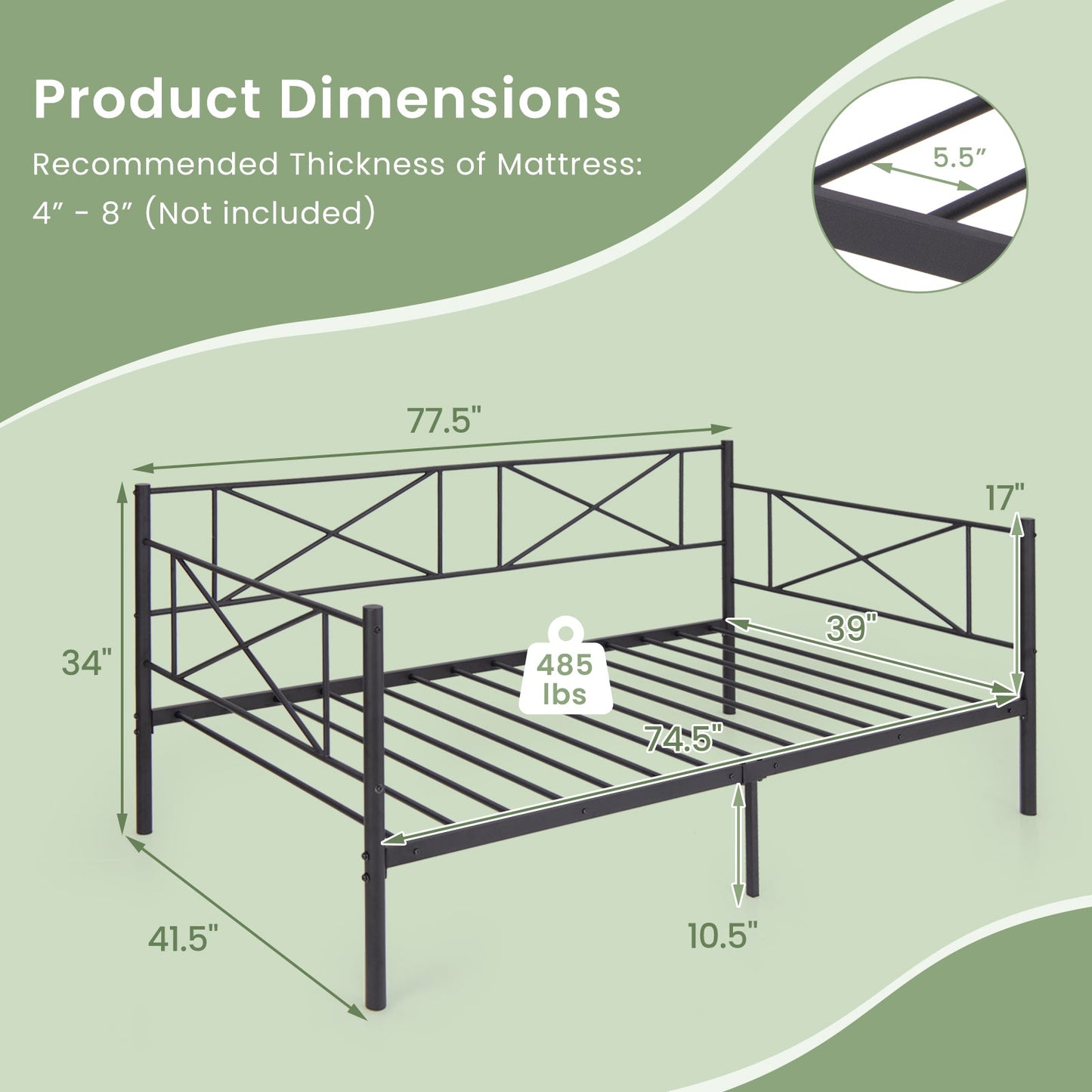 Cama de plataforma individual con soporte de láminas de metal resistente - Negro