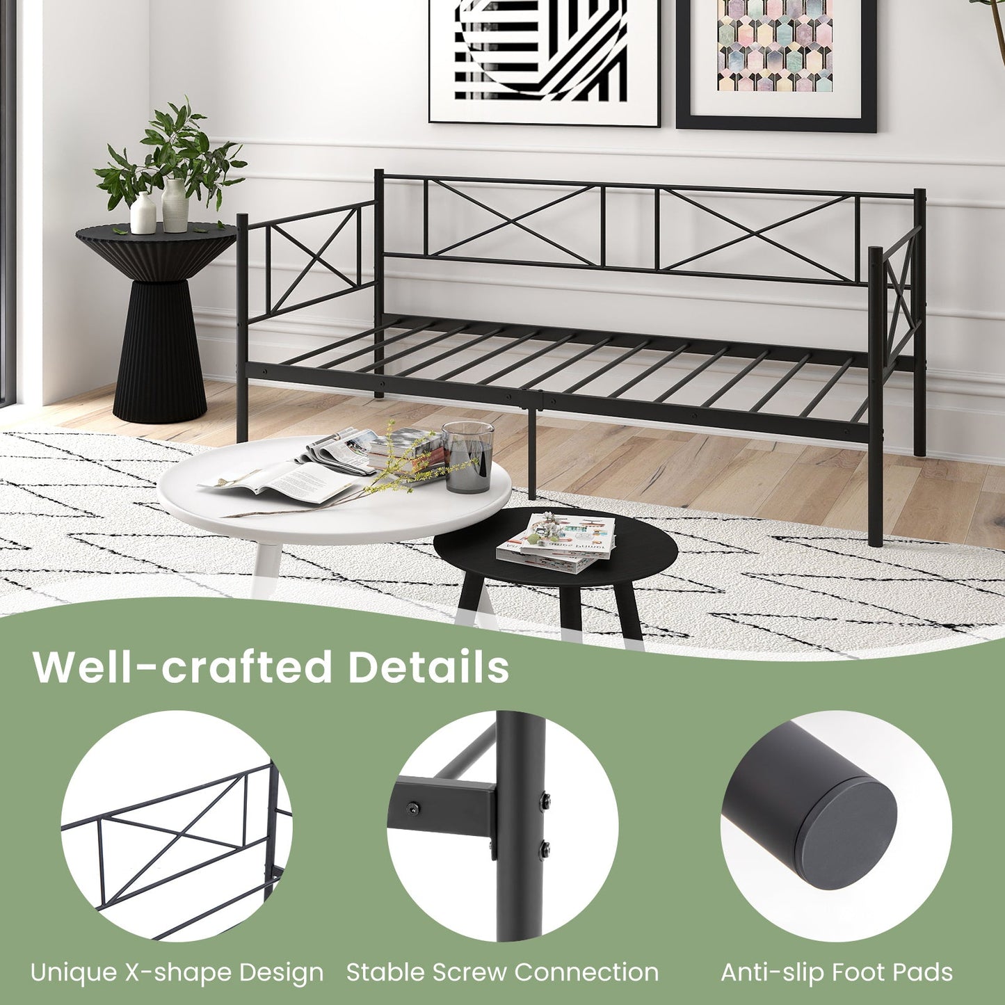 Cama de plataforma individual con soporte de láminas de metal resistente - Negro