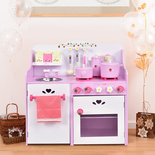 Kids Wooden Kitchen Toy Strawberry Pretend Cooking Playset - Tampa Home & Garden Store