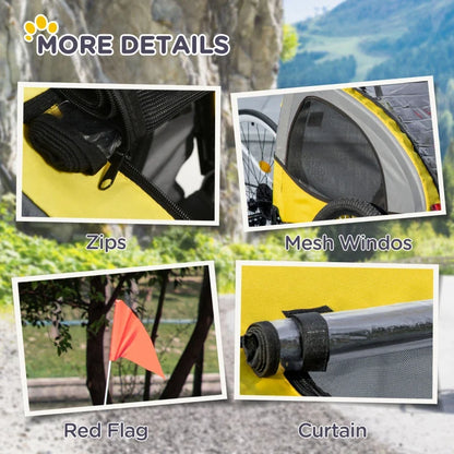Dog bike trailer by Furr Baby Gifts, medium dog size, yellow fabric with mesh windows and zippers on Tampa Home & Garden Store