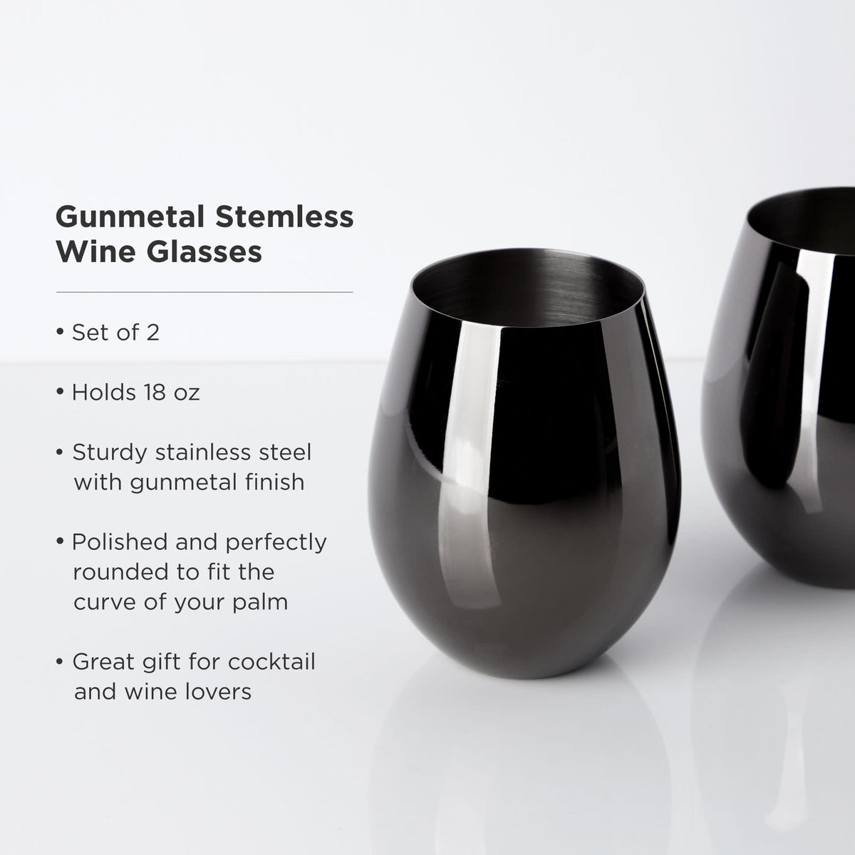 Stainless steel stemless wine glasses in gunmetal, set of 2 on Tampa Home & Garden Store