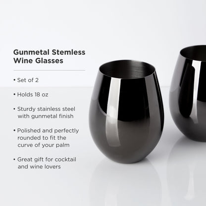 Stainless steel stemless wine glasses in gunmetal, set of 2 on Tampa Home & Garden Store