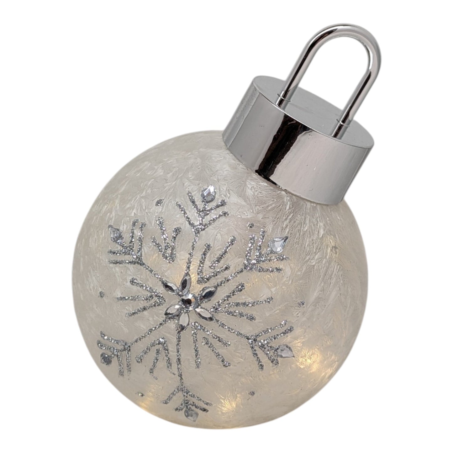 Frosted Cream Lighted Snowflake Glass Ornament with glitter snowflake and silver cap on Tampa Home & Garden Store