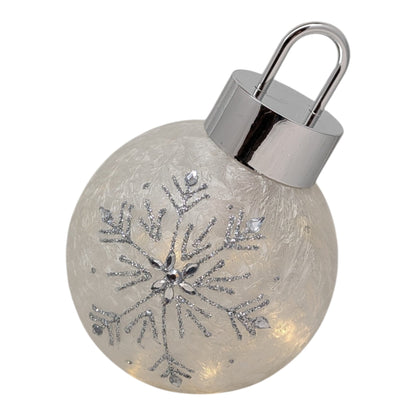 Frosted Cream Lighted Snowflake Glass Ornament with glitter snowflake and silver cap on Tampa Home & Garden Store