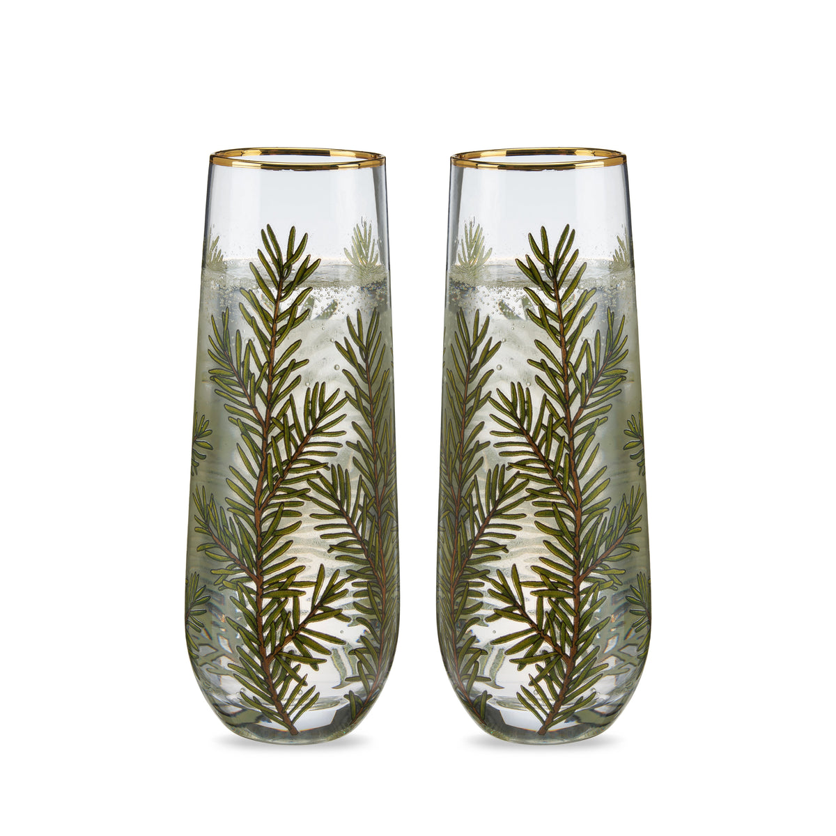 Twine Living Woodland Stemless Champagne Flute Set: two clear glass flutes with gold rims on Tampa Home & Garden Store