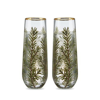 Twine Living Woodland Stemless Champagne Flute Set: two clear glass flutes with gold rims on Tampa Home & Garden Store