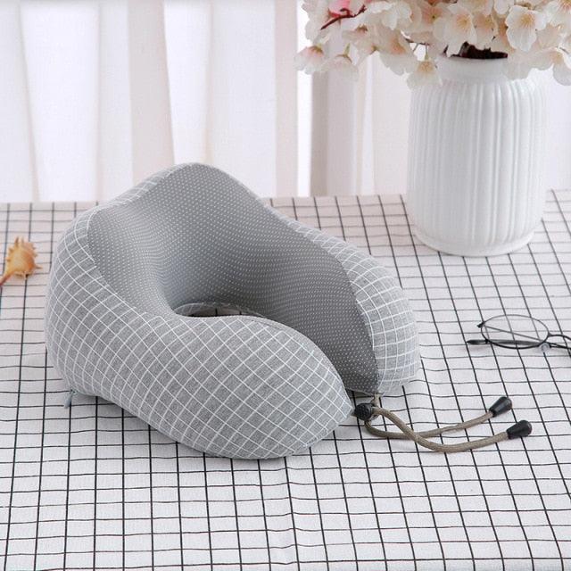 U-shaped neck pillow with memory foam, gray grid fabric travel pillow with drawstrings on Tampa Home & Garden Store