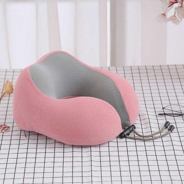 Stevvex U-shaped memory foam neck pillow pink plush cover with gray mesh interior for travel on Tampa Home & Garden Store