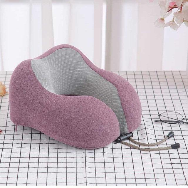 U-shaped memory foam neck pillow in purple with gray interior Stevvex travel pillow on Tampa Home & Garden Store