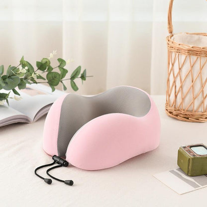 Stevvex pink U-shaped memory foam travel neck pillow with gray interior and drawstring on Tampa Home & Garden Store