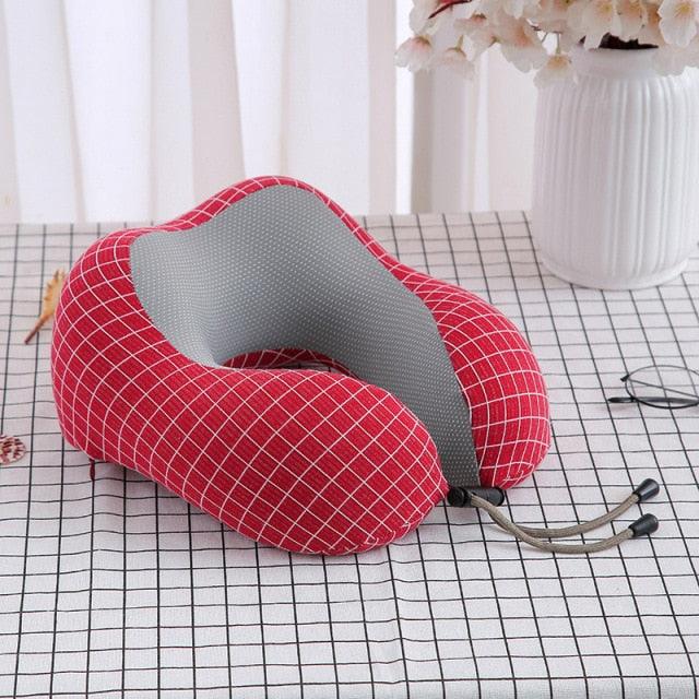 U-shaped red plaid memory foam travel neck pillow with gray inner lining on Tampa Home & Garden Store