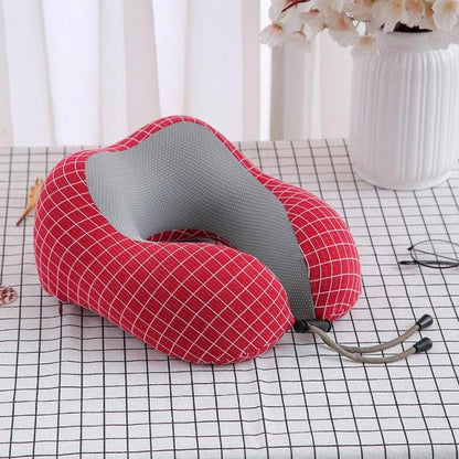 U-shaped red plaid memory foam travel neck pillow with gray inner lining on Tampa Home & Garden Store