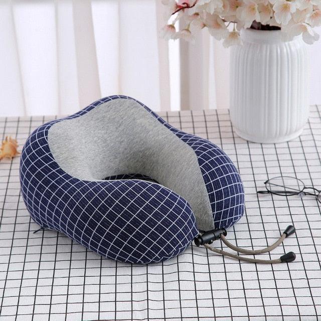 Stevvex U-Shaped Magnetic Head Pillow travel neck pillow memory foam, navy grid fabric on Tampa Home & Garden Store