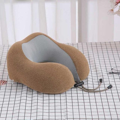 Stevvex U-shaped neck travel pillow with memory foam padding, brown cover and gray inner for airplane and car travel on Tampa Home & Garden Store