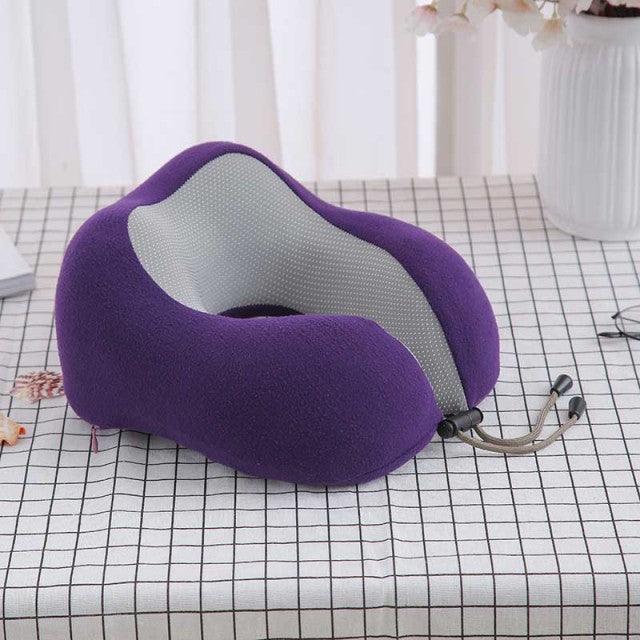 U-shaped neck pillow Stevvex, purple memory foam with grey inner lining, adjustable drawcord on Tampa Home & Garden Store