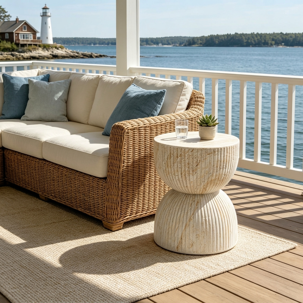 U_Style hourglass outdoor concrete side table ribbed faux-marble finish beside woven sofa on Tampa Home & Garden Store