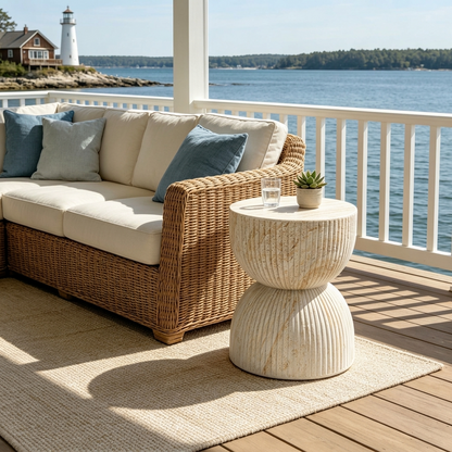 U_Style hourglass outdoor concrete side table ribbed faux-marble finish beside woven sofa on Tampa Home & Garden Store