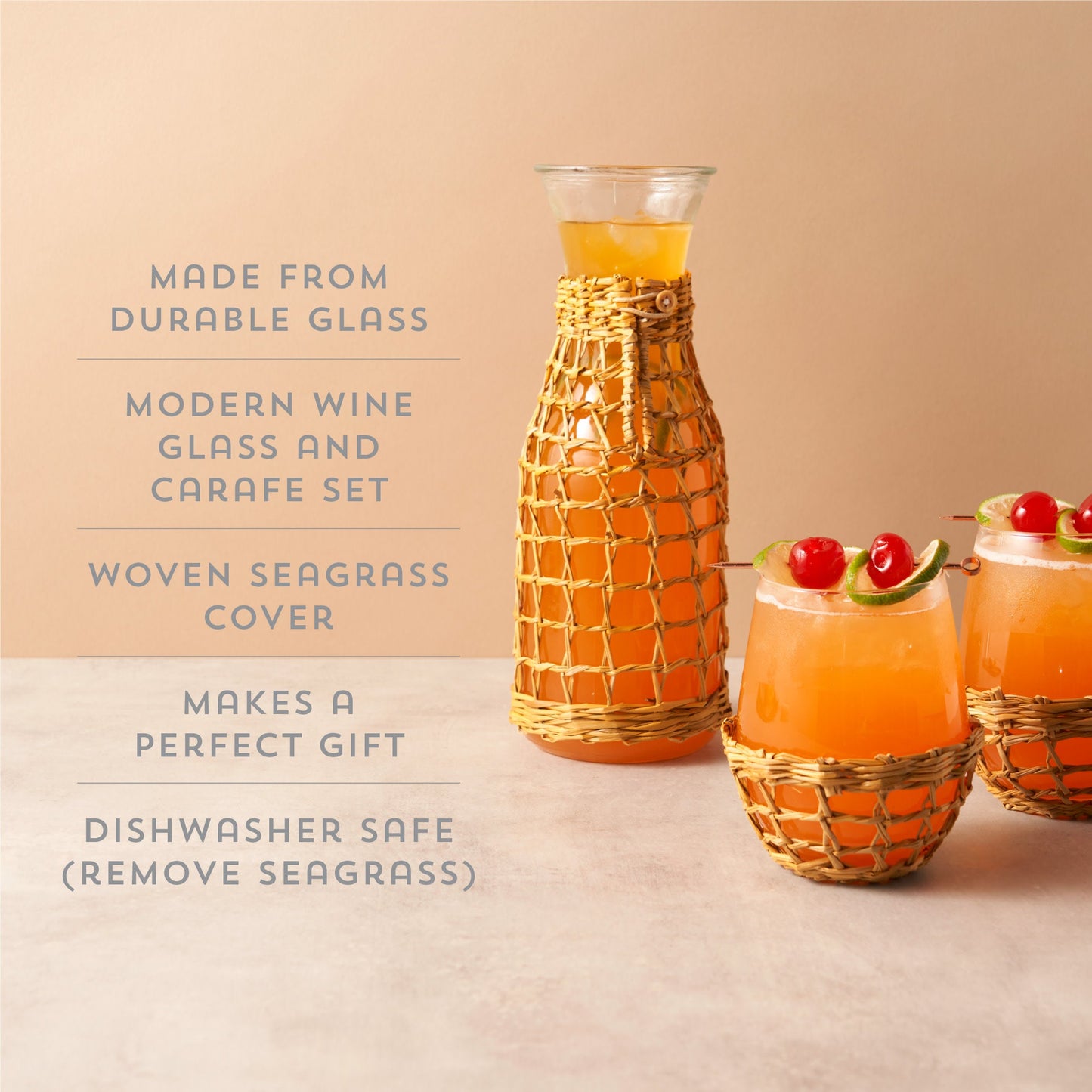 Island Carafe and Two Stemless Glasses Set