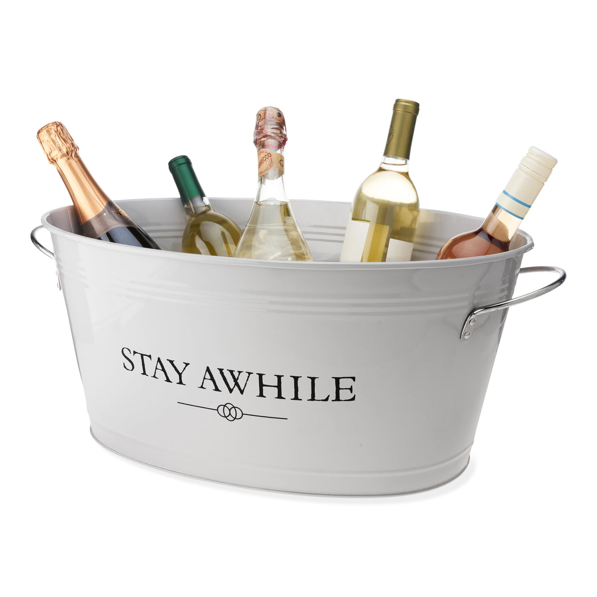 Stay Awhile metal ice bucket by Twine Living holding assorted wine bottles on Tampa Home & Garden Store