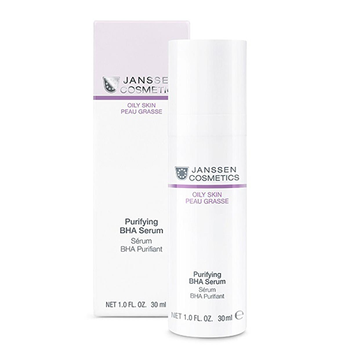 Purifying BHA Serum for oily skin in white bottle with purple band Janssen Cosmetics boxed set on Tampa Home & Garden Store