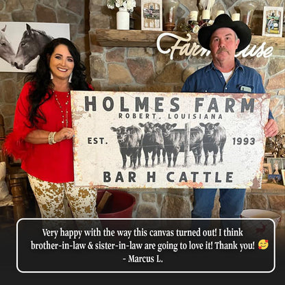 Cattle Ranch Rustic Sign canvas by Tailored Canvases with weathered farm motif on display on Tampa Home & Garden Store