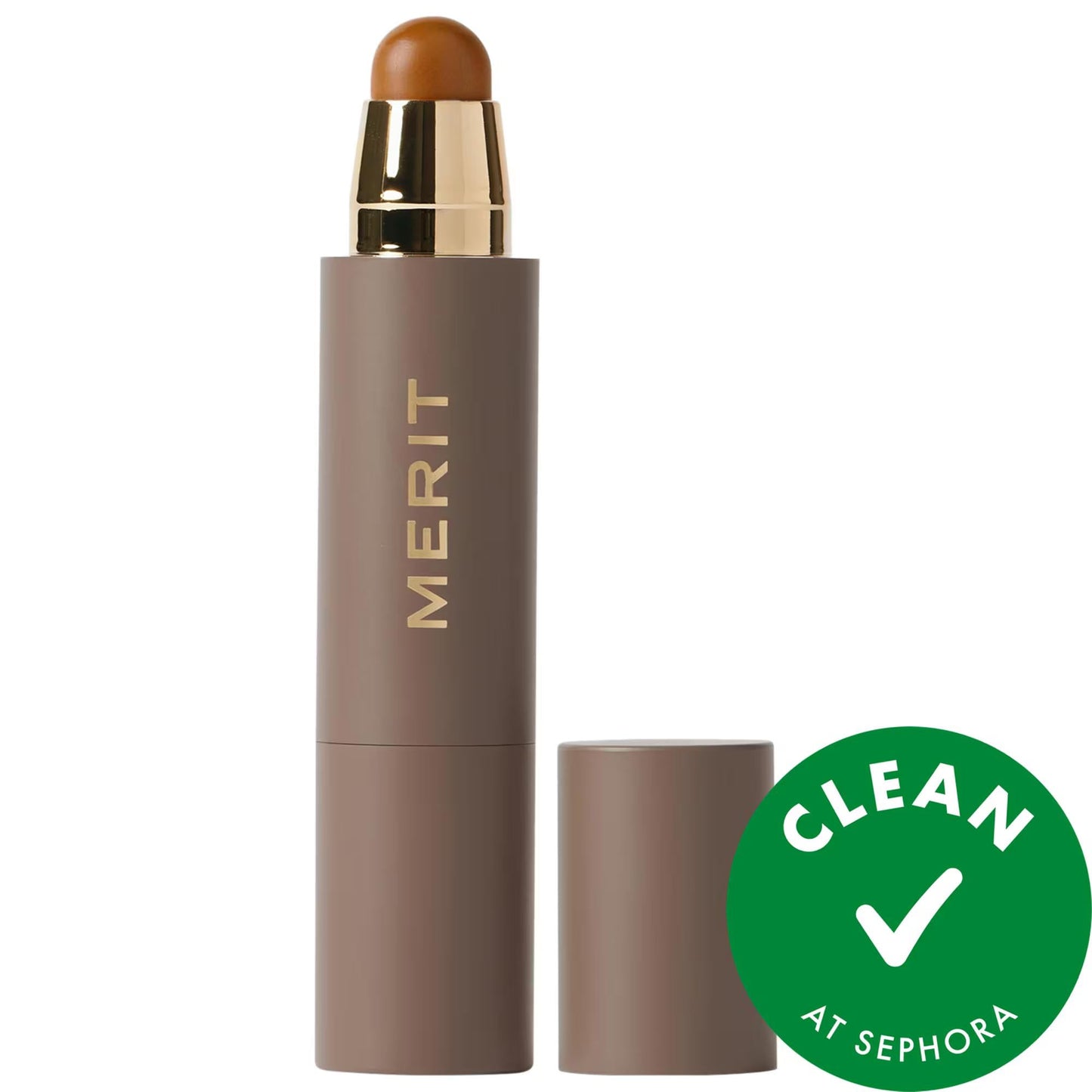 Merit Minimalist Foundation Stick in taupe with gold cap; buildable coverage, Sephora Clean badge on Tampa Home & Garden Store