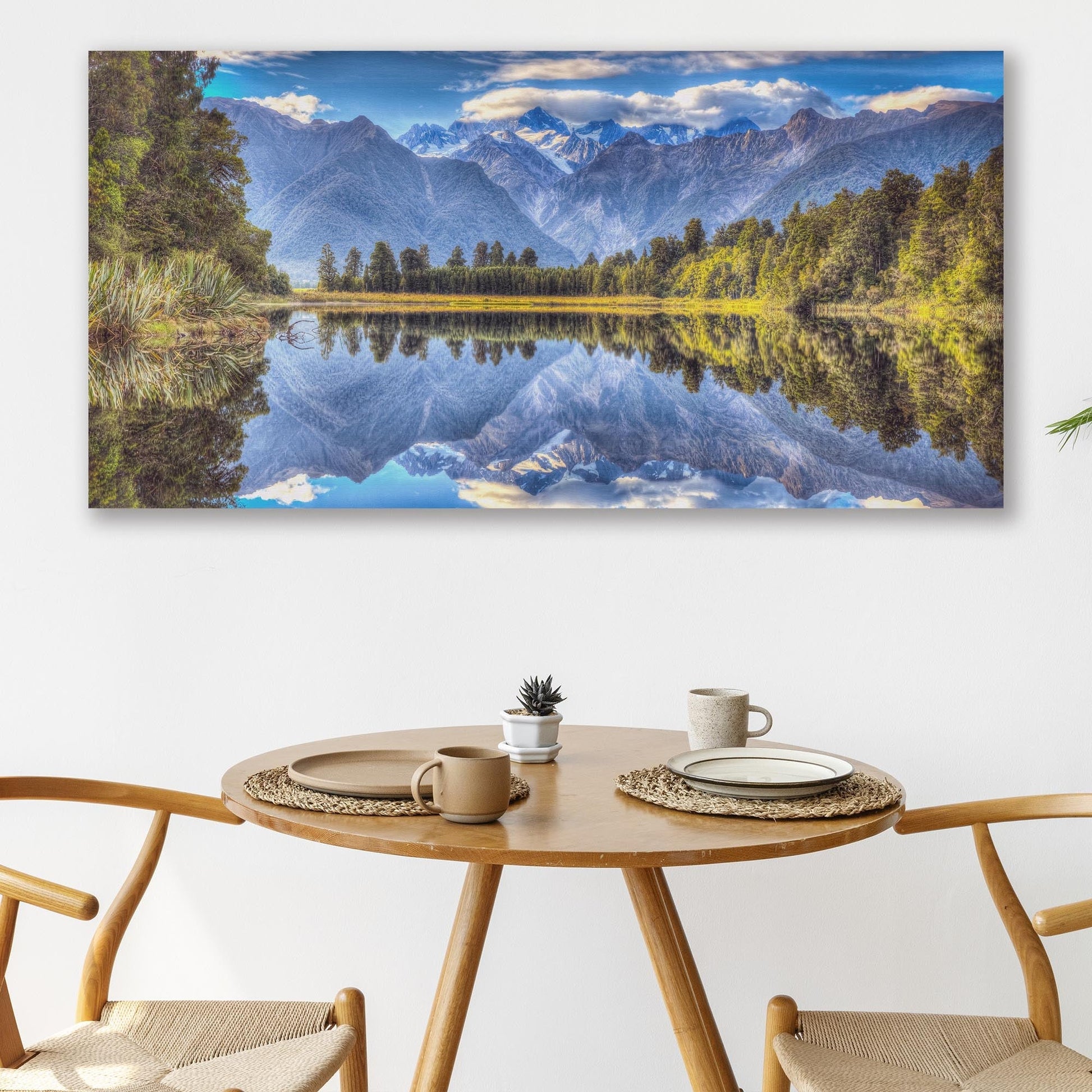 Mirror Lake canvas wall art featuring Lake Matheson mountains, lush trees, calm reflection on Tampa Home & Garden Store