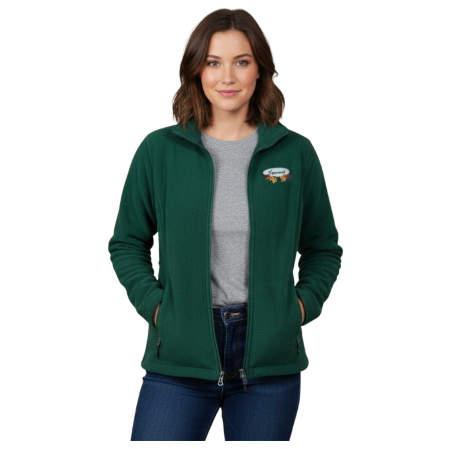 Chaqueta polar con cremallera completa para mujer – Bordado ovalado con hojas otoñales blancas