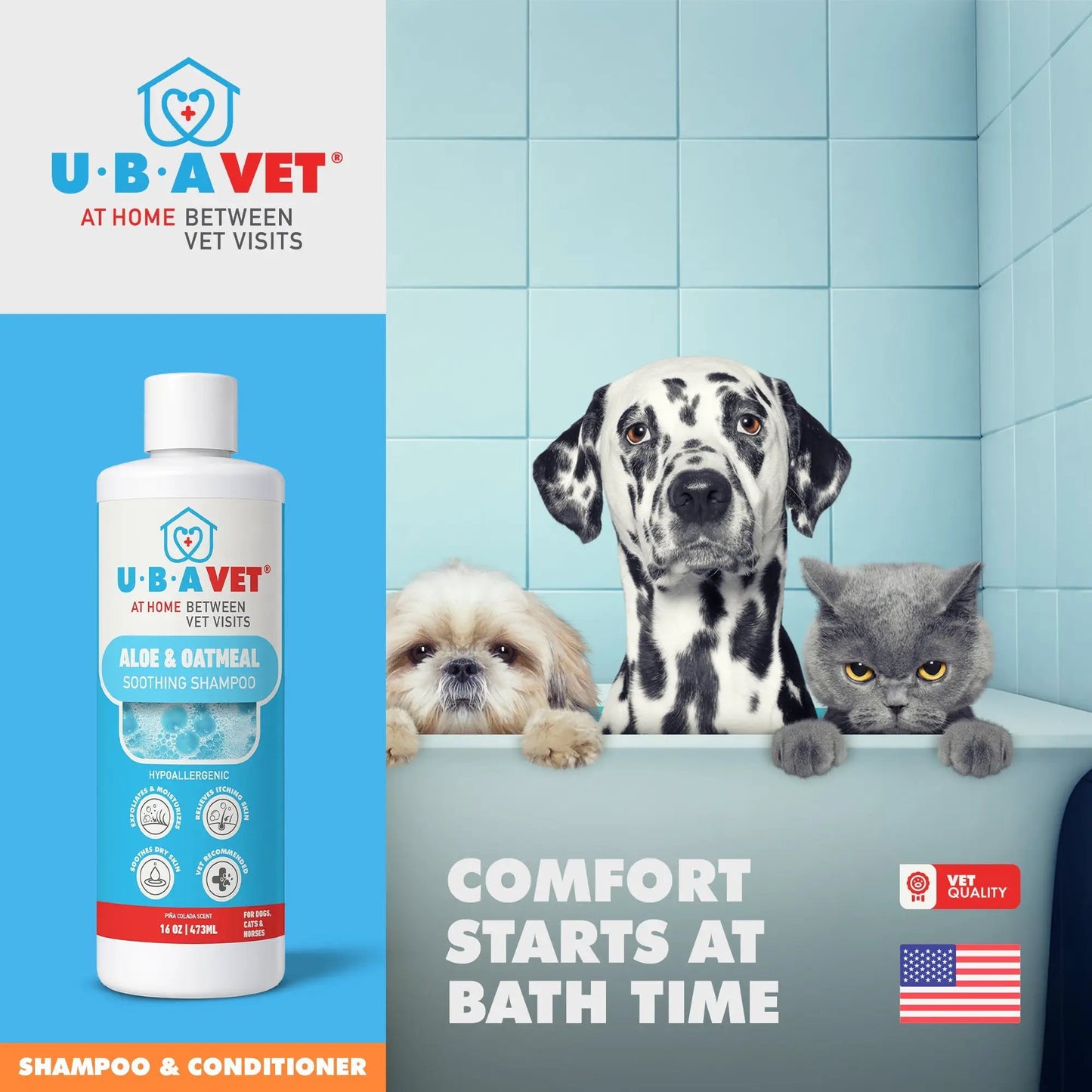 UBAVET Aloe & Oatmeal Shampoo bottle for dogs and cats with hypoallergenic formula on Tampa Home & Garden Store