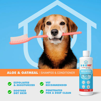 UBAVET Aloe & Oatmeal Shampoo bottle beside a dog with a pink toothbrush in its mouth on Tampa Home & Garden Store