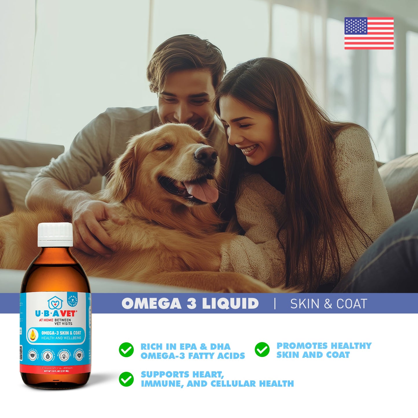 UBAVET Omega-3 Líquido para la salud y el bienestar de la piel y el pelaje de perros y gatos – 8 fl oz / 237 ml