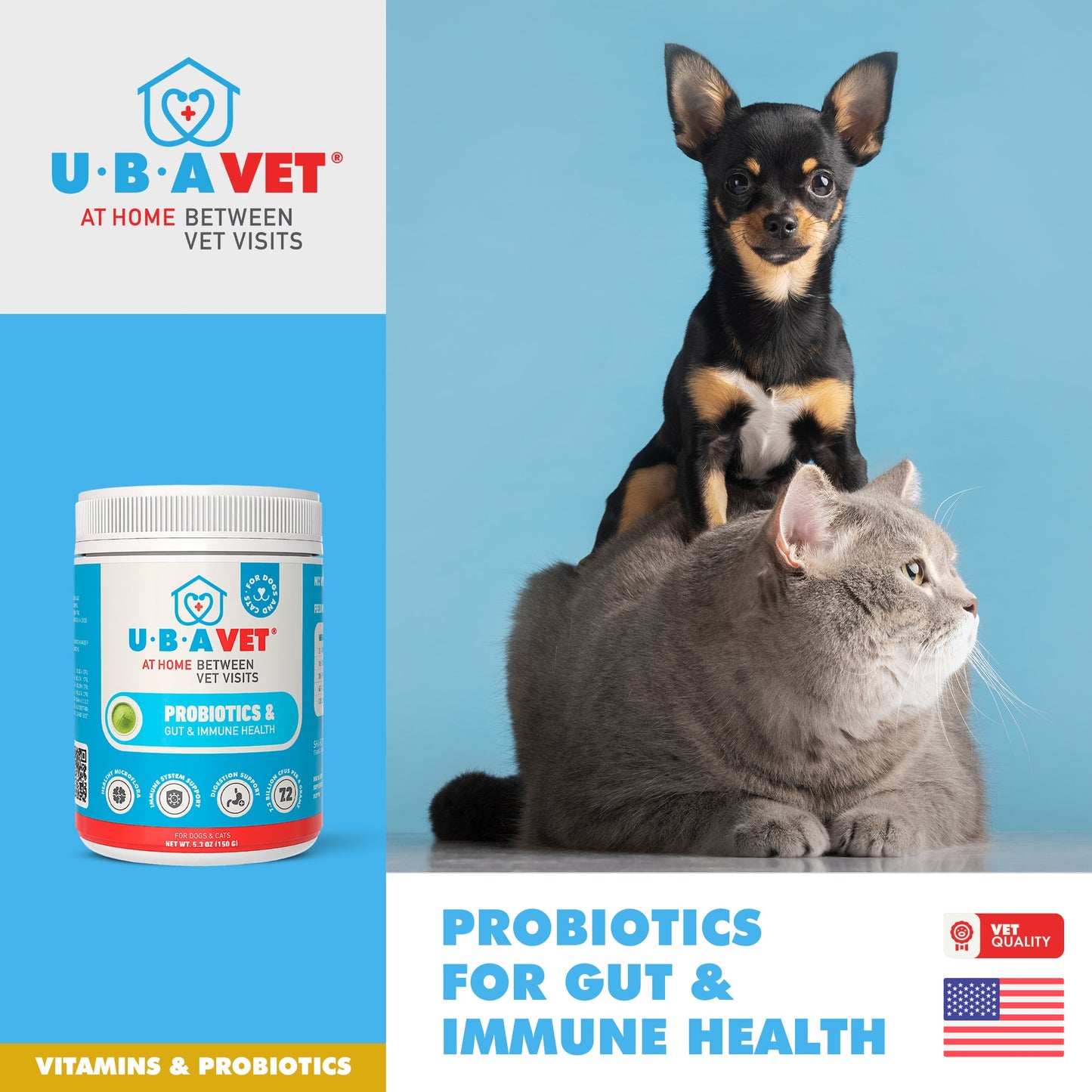 Probióticos UBAVET y apoyo para la salud intestinal e inmunitaria de perros y gatos – Polvo de 150 g