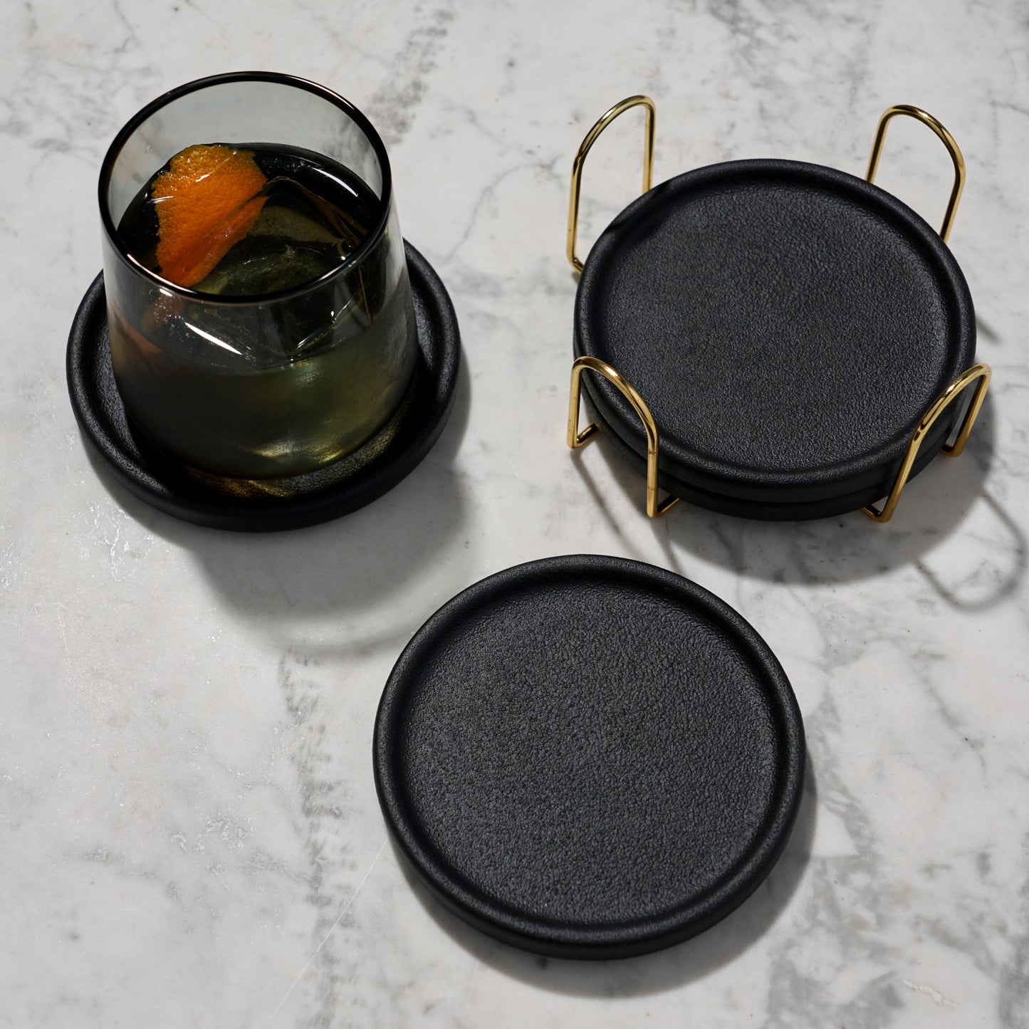 Black Earthenware Coasters with Gold Stand Set of 4