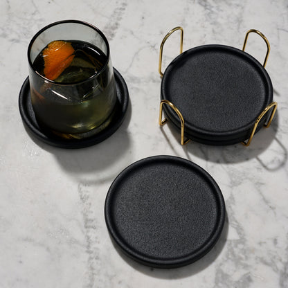 Black Earthenware Coasters with Gold Stand Set of 4