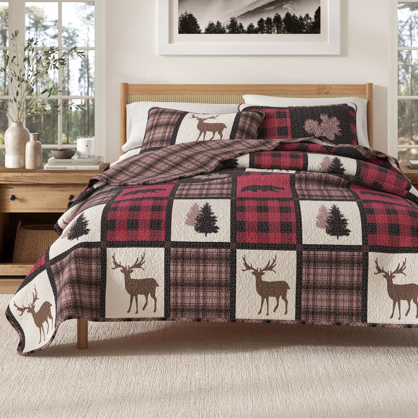 Plaid Lodge Quilt Set and Reversible Bear Design