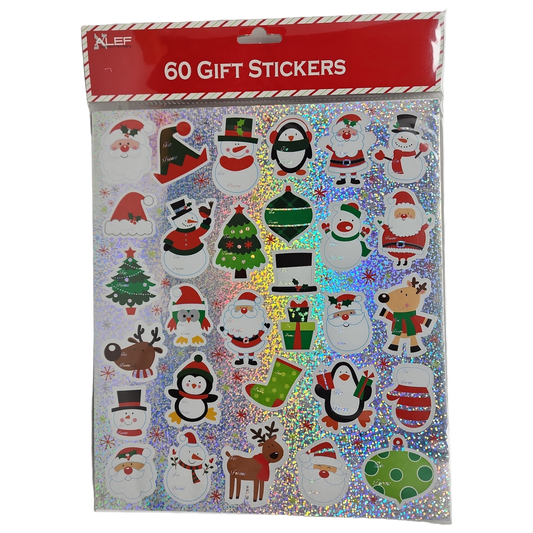 60-count peel-and-stick gift stickers sheet with Santa and snowman on holographic background on Tampa Home & Garden Store