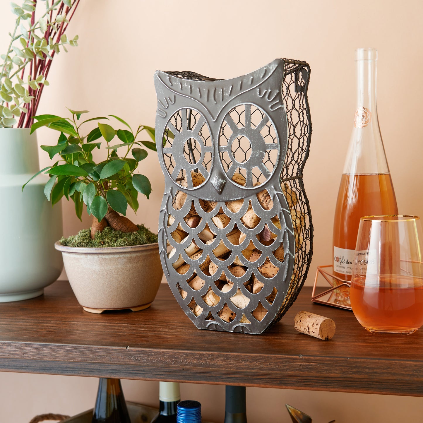 Weathered Metal Owl and Wine Cork Holder