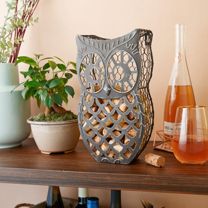 Weathered Metal Owl and Wine Cork Holder