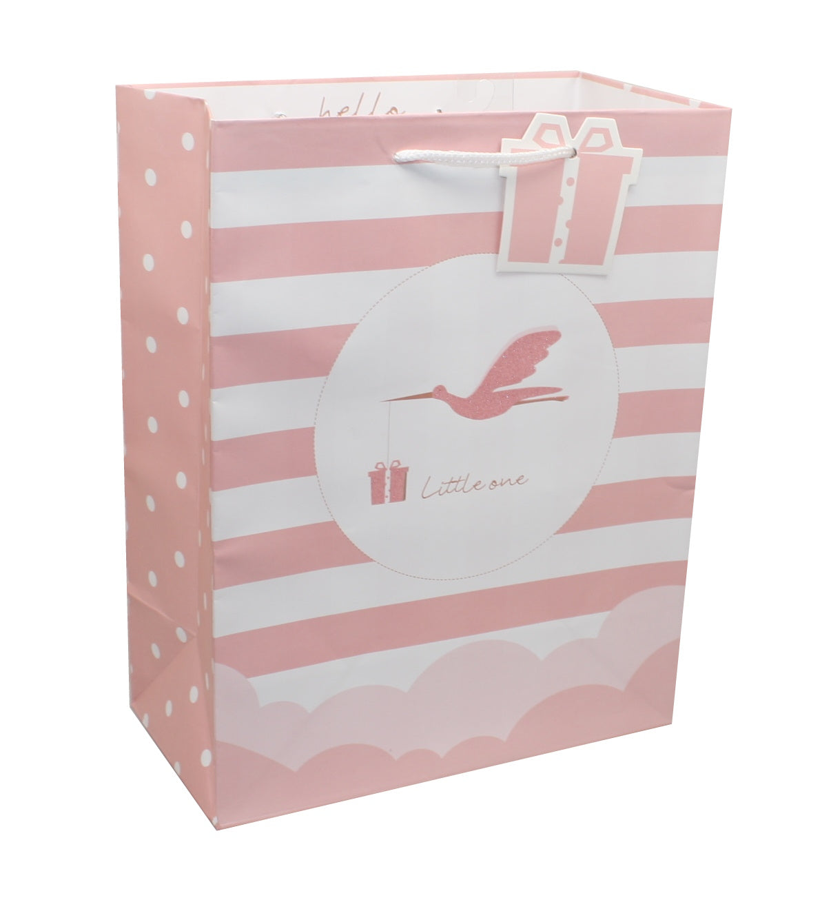 Bolsa de regalo para bebé con cigüeña rosa y blanca