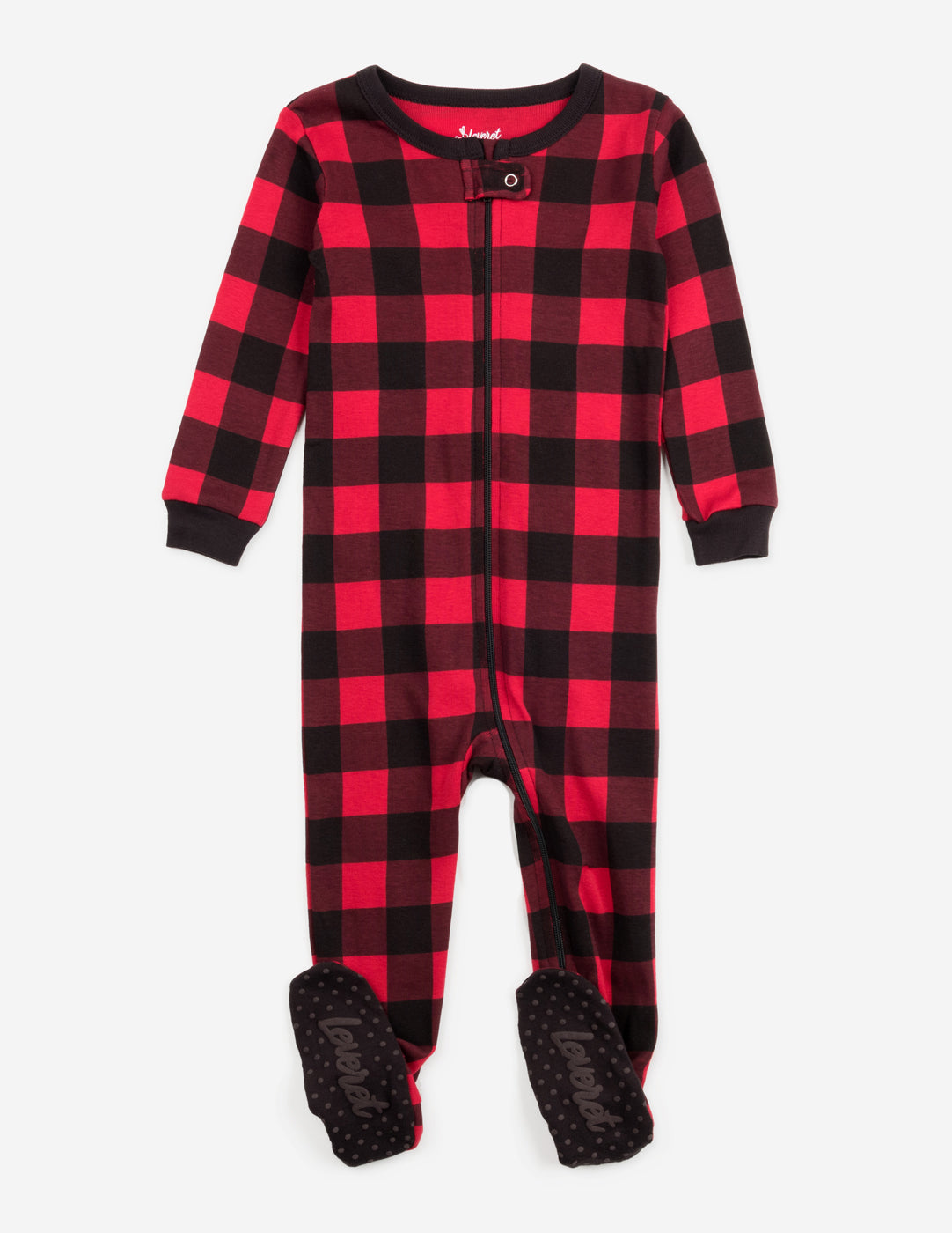 Kids Footed Cotton Pajama Black And  Red Plaid -