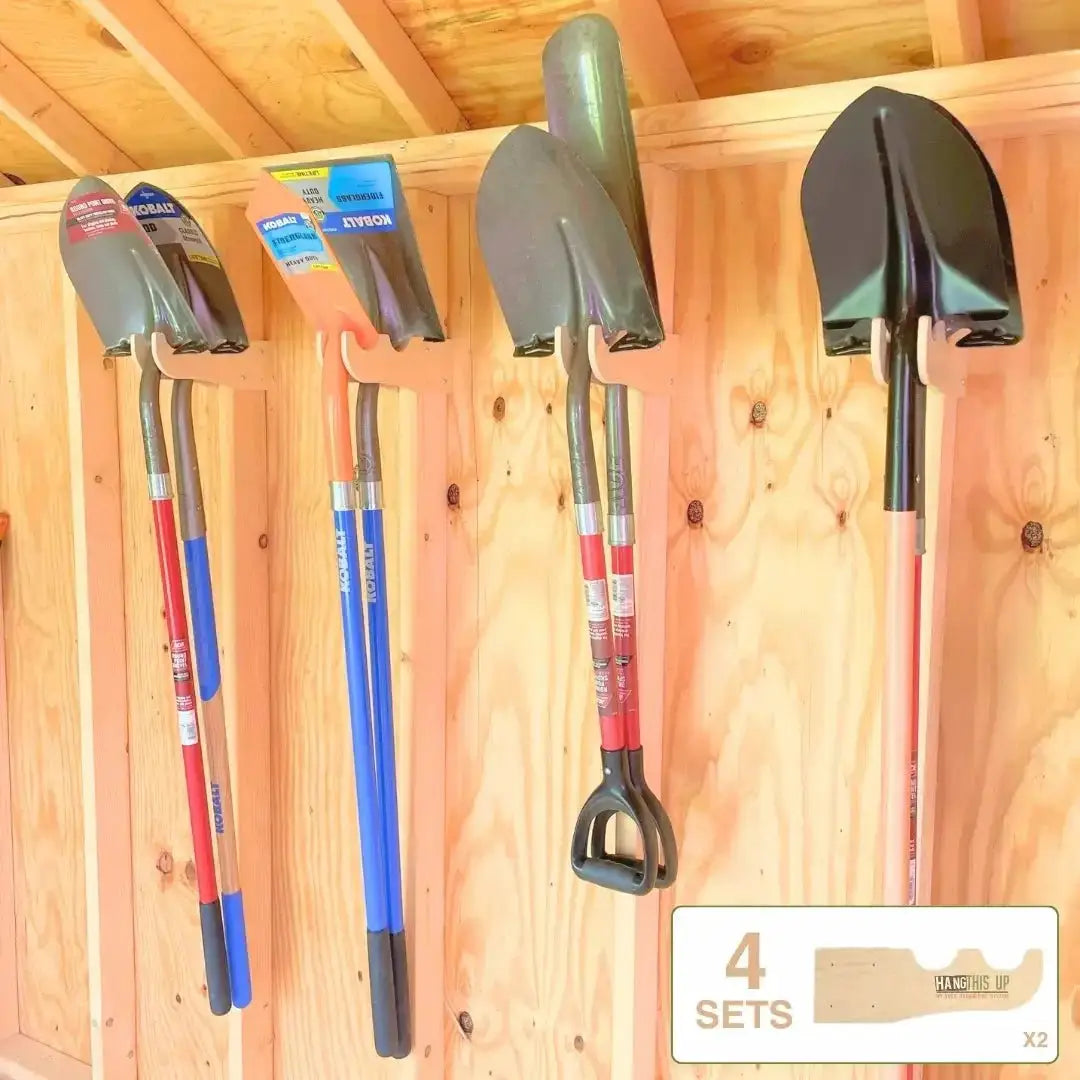 Tool rack from HangThis Up My Shed Organizing System holding 4 sets of garden tools on Tampa Home & Garden Store