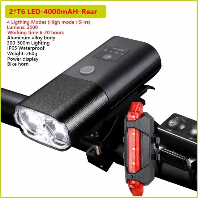 Stevvex USB rechargeable bike light set with front torch and rear beacon, black aluminum body on Tampa Home & Garden Store