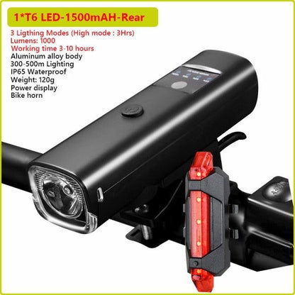 Usb Rechargeable Bike Light and Front Torch Stevvex, black aluminum body with front headlamp and red rear light on Tampa Home & Garden Store